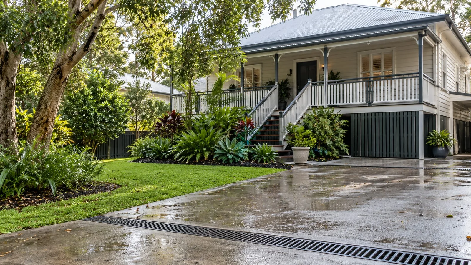 AI-generated illustration: A raised timber Queenslander with veranda, corrugated roof, lush subtropical garden and a concrete driveway channel drain after rain