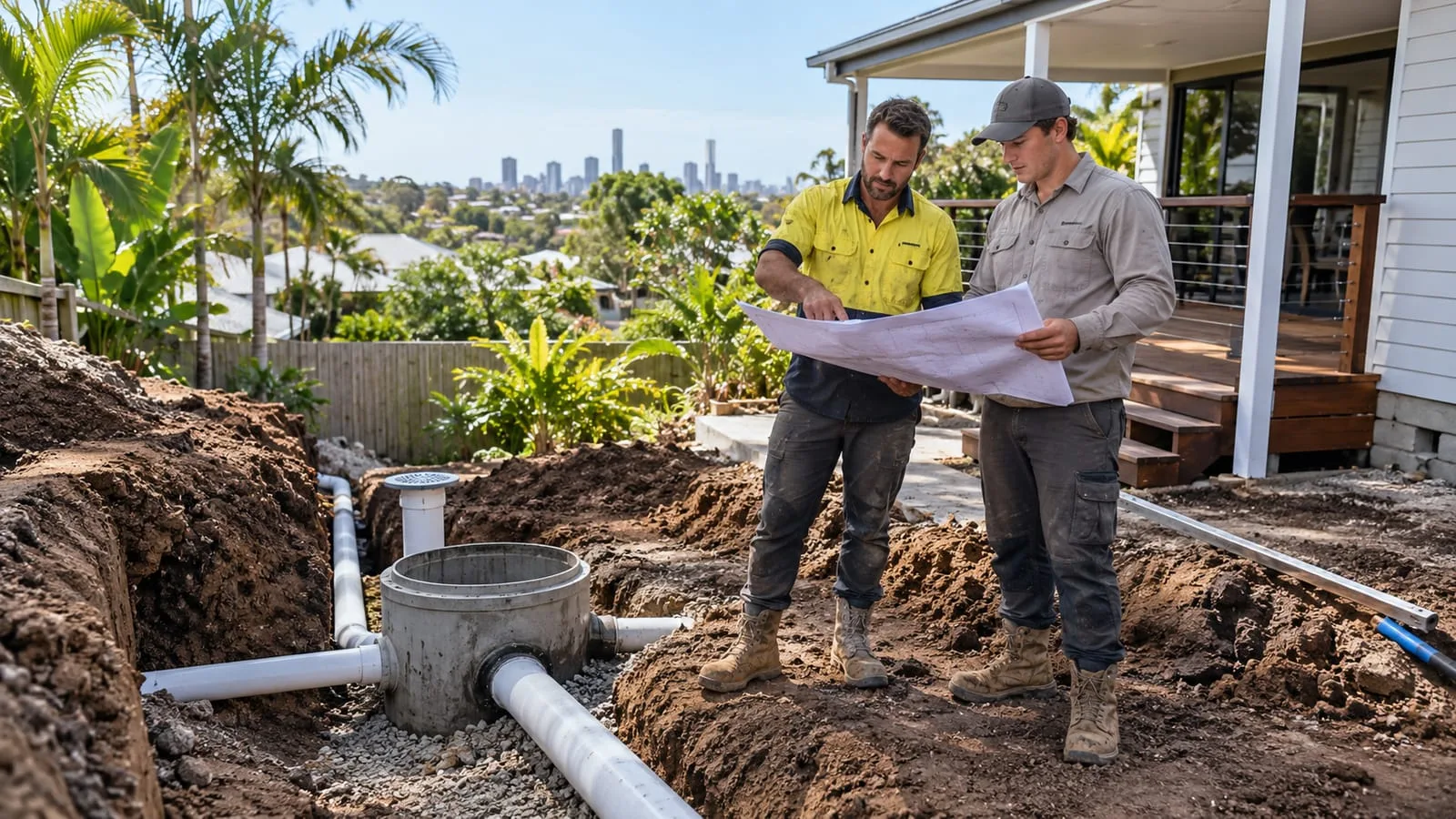 AI-generated illustration: About Us: two drainage technicians in unbranded neutral workwear examining plans at Brisbane home