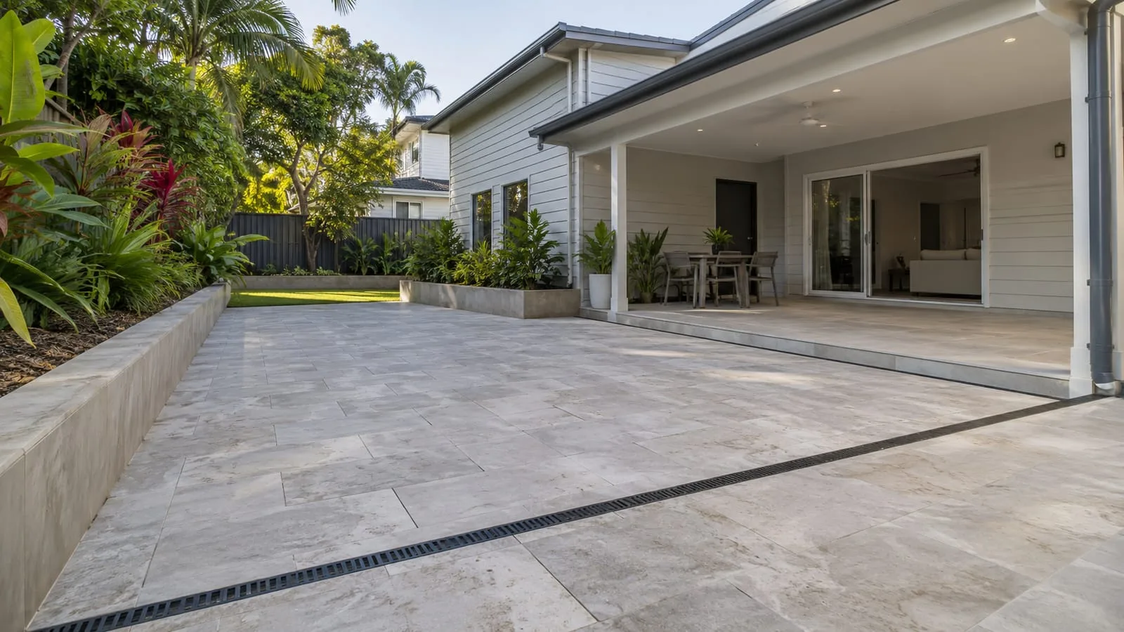 AI-generated illustration: Projects: beautiful completed paved courtyard with channel drain