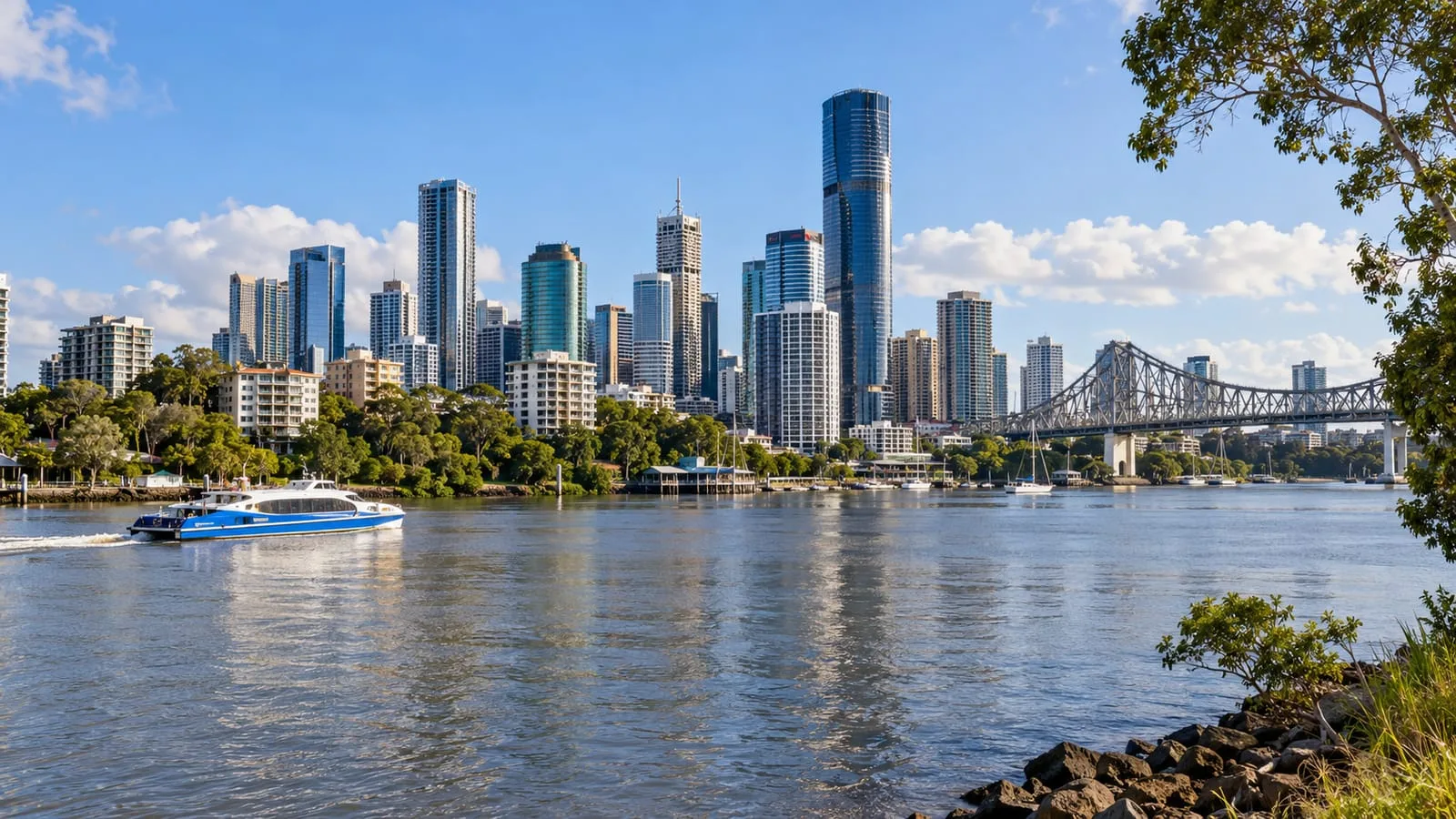 AI-generated illustration: Service Areas: Brisbane skyline from Brisbane River