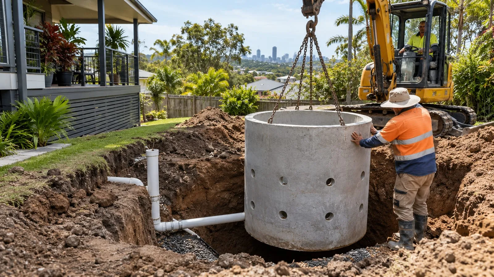 AI-generated illustration: Soakwell Installation: concrete soakaway pit being positioned in brown clay-loam ground