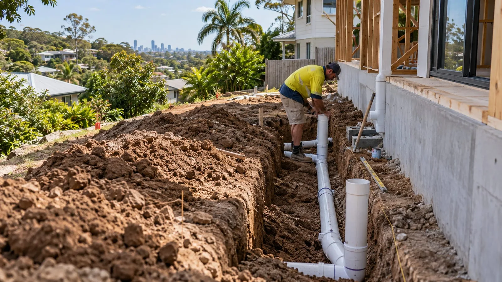 AI-generated illustration: new pipe route in an open trench beside a house under construction