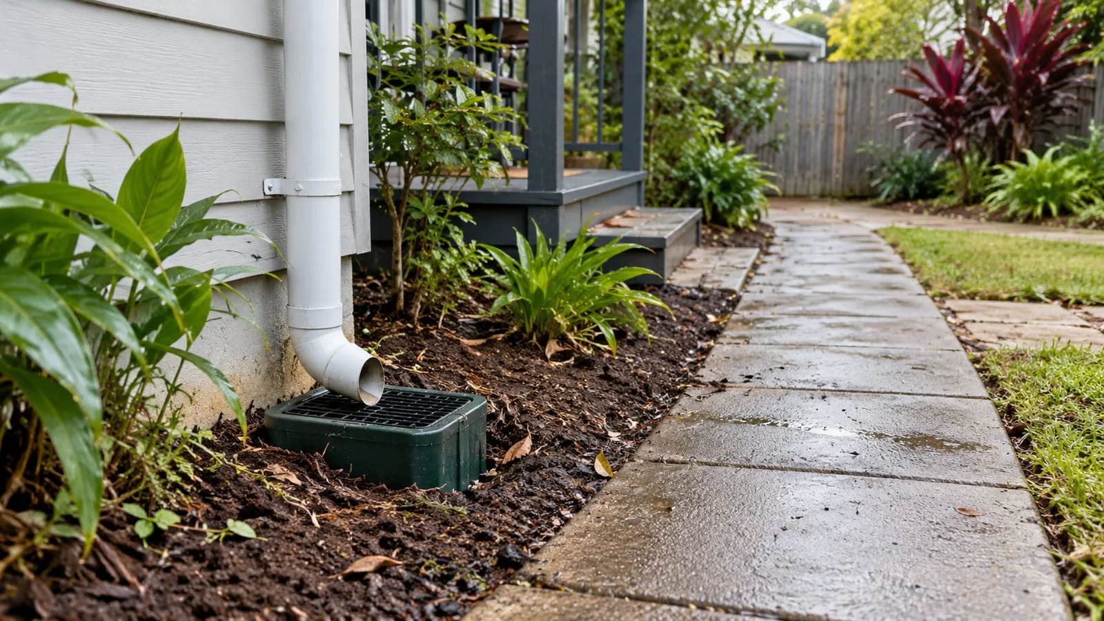 AI-generated illustration: subtropical garden paving, brown clay-loam edges and a downpipe collection point