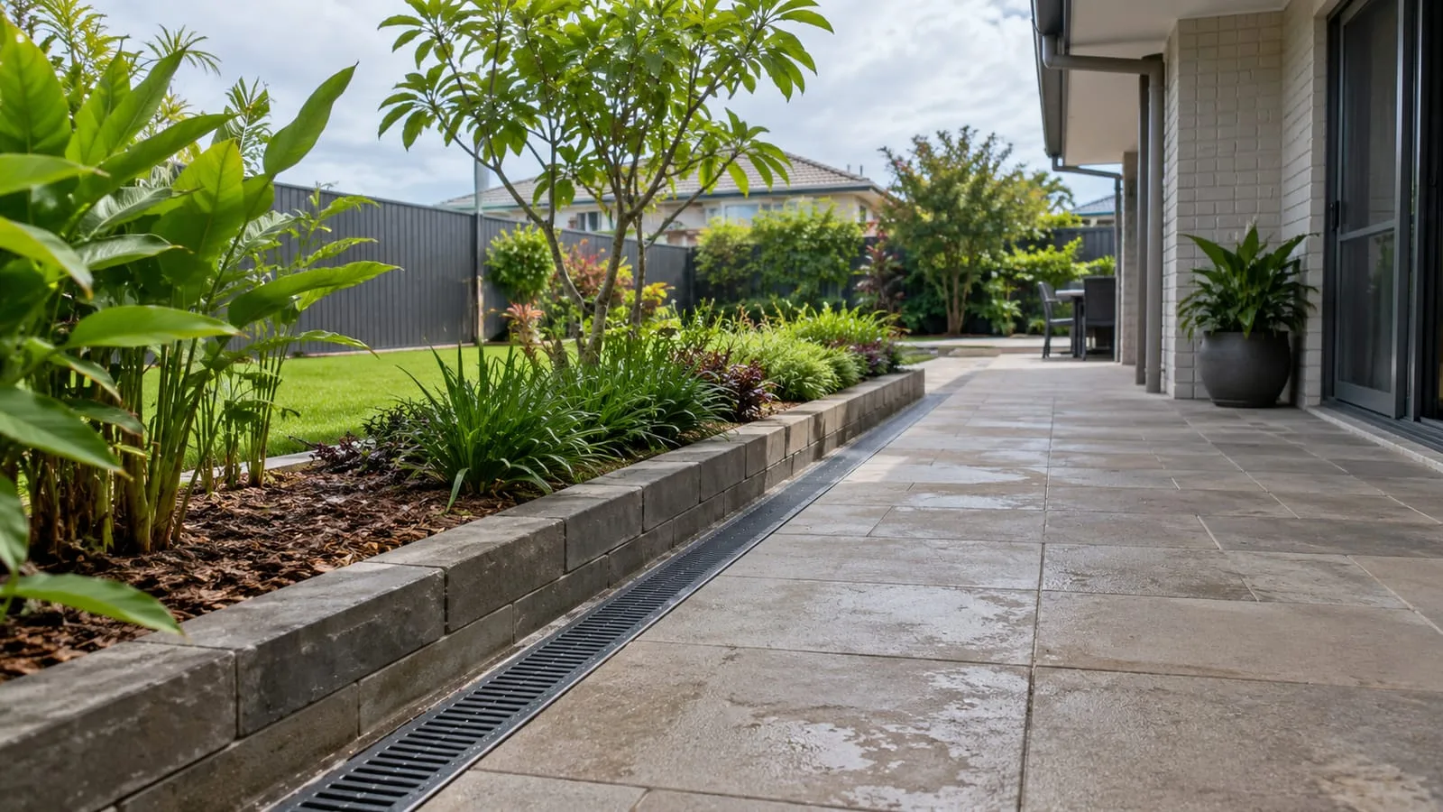 AI-generated illustration: garden edges, finished paving and a linear drainage channel