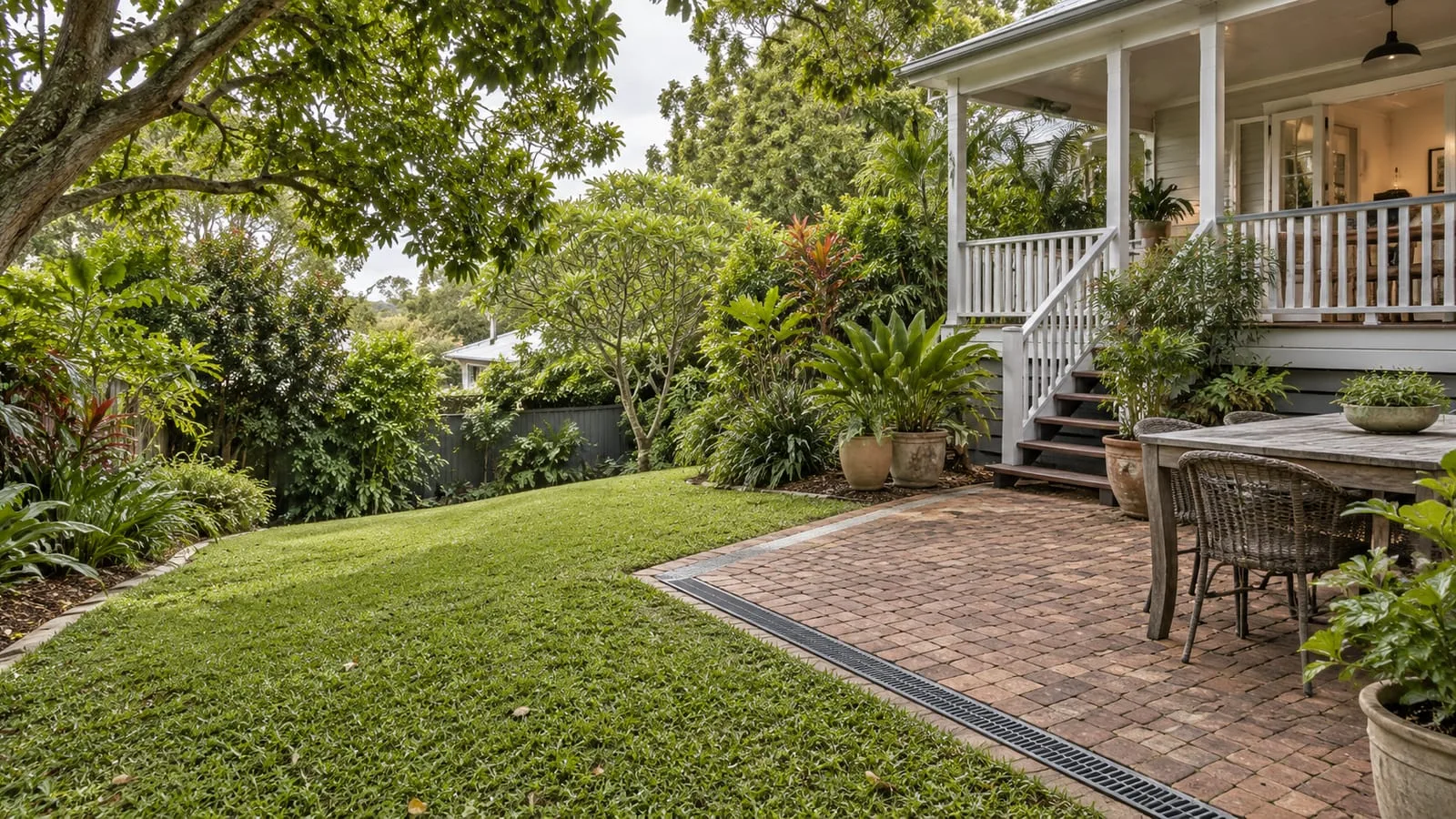 AI-generated illustration: a leafy Brisbane suburban garden with gently sloping lawn, planted garden beds, brick patio and a discreet grated surface drain at the patio edge, a modest Queenslander veranda behind