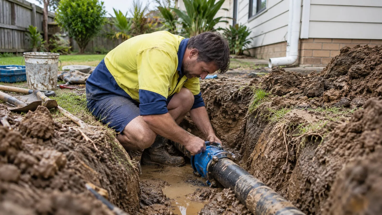 AI-generated illustration: Burst Pipe Repairs: opened trench with water supply pipe repair