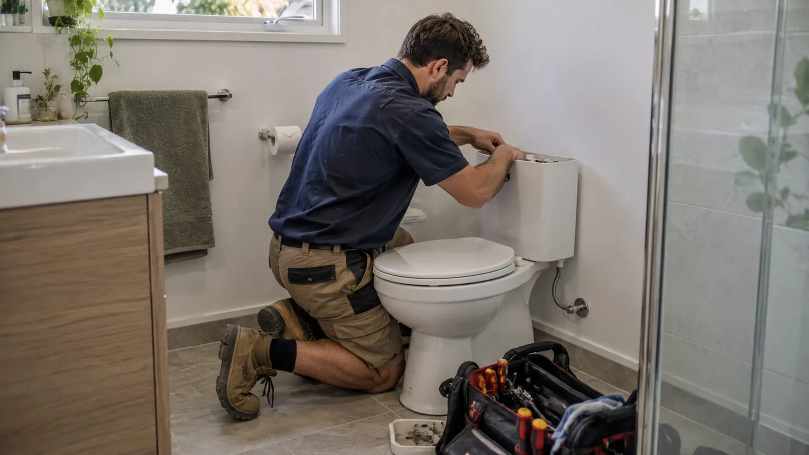 AI-generated illustration: Toilet Repairs: minimalist Brisbane bathroom toilet and technician tools