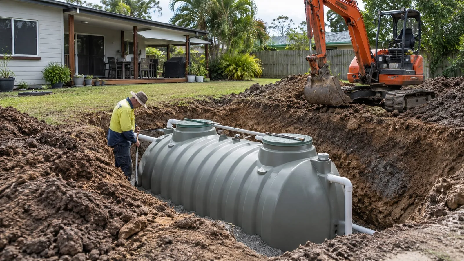 AI-generated illustration: rural receiving-system tank installation with excavation access