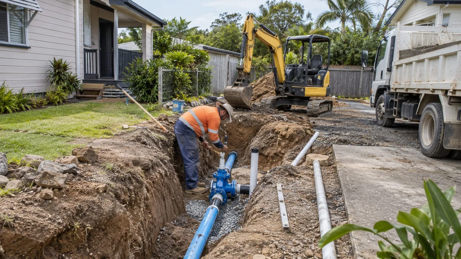 AI-generated illustration: underground water-supply works and vehicle access at an excavation