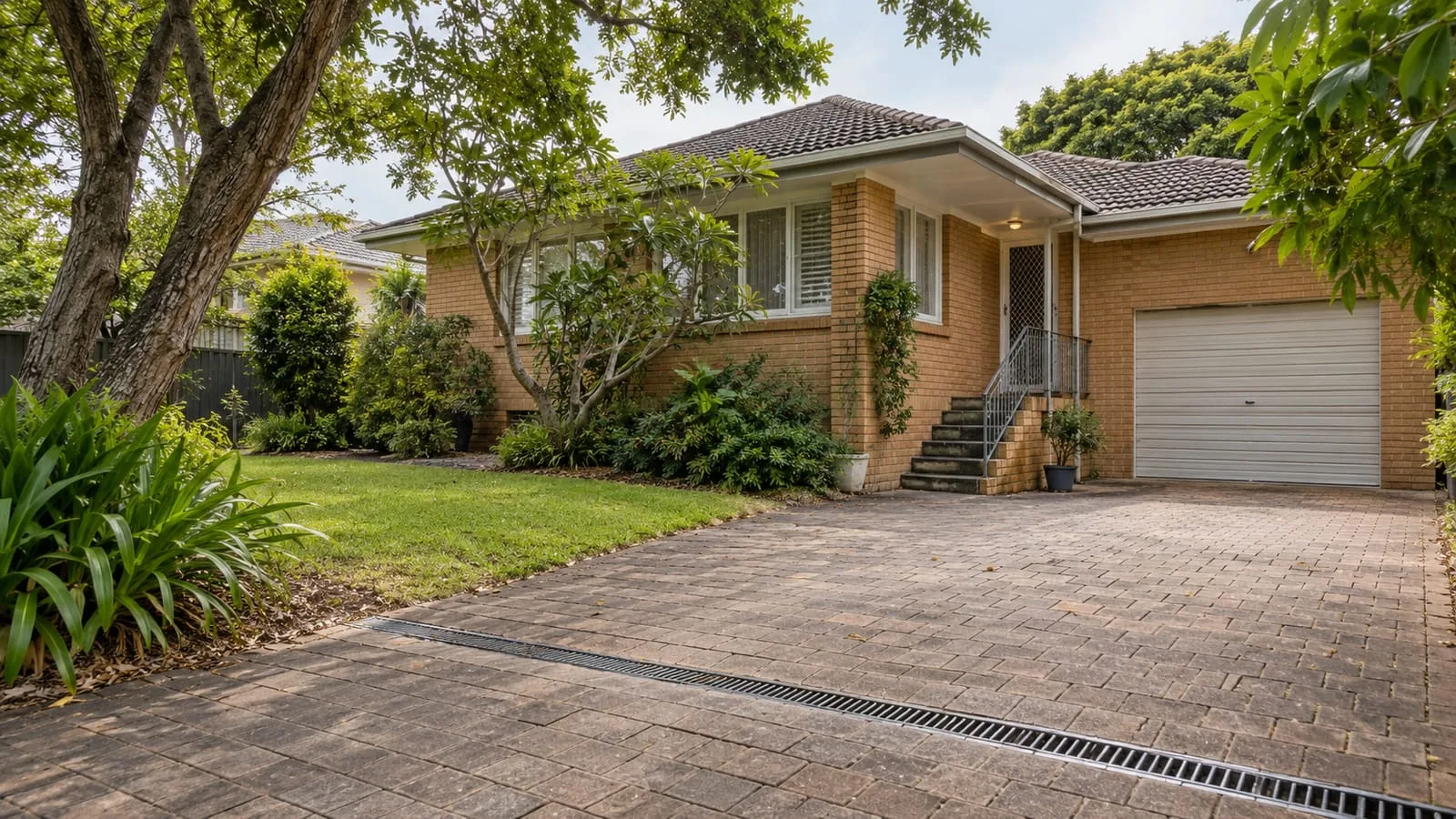 AI-generated illustration: Kedron established suburban brick home with mature trees, paving and channel drain