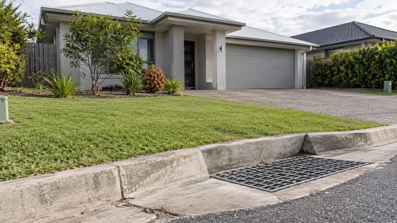 AI-generated illustration: North Lakes contemporary suburban family home and carefully finished stormwater grate