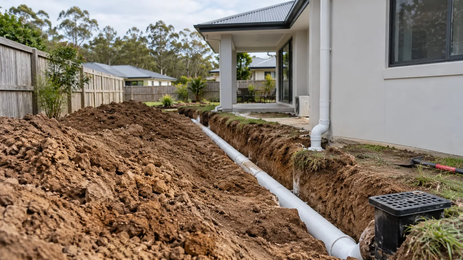AI-generated illustration: Springfield Lakes new suburban house with neatly installed stormwater pipe in brown clay-loam trench
