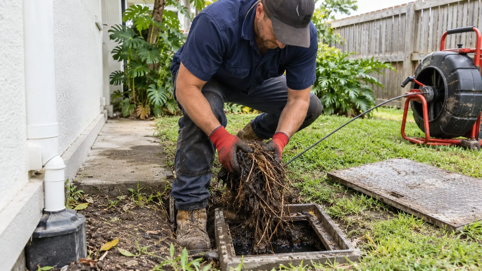 AI-generated illustration: roots being removed from an accessible external drain opening