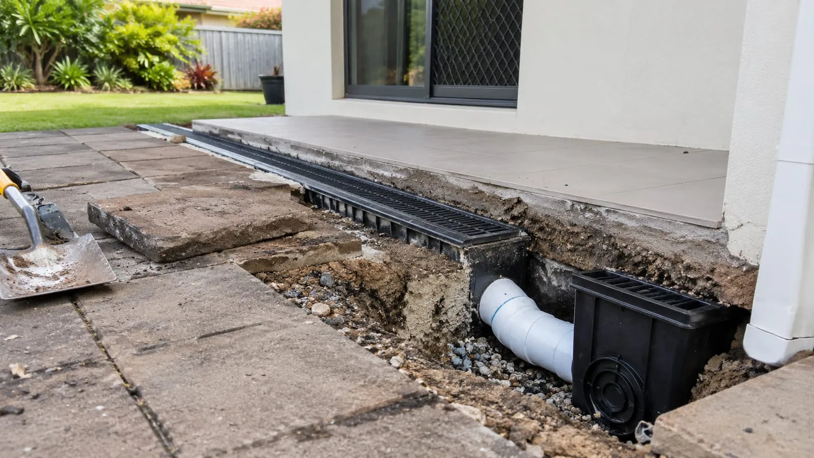 AI-generated illustration: channel drain and connected outlet beneath lifted paving