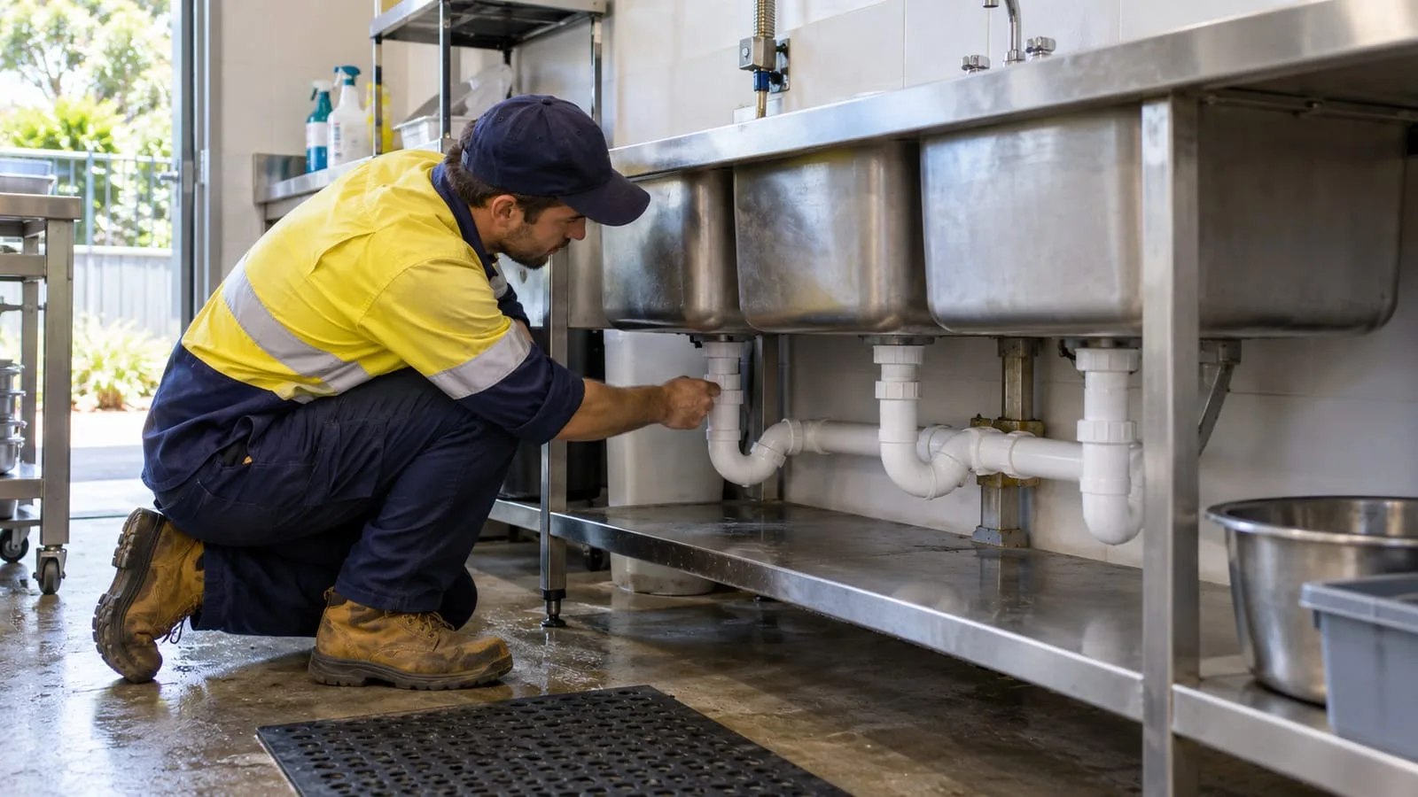 AI-generated illustration: waste connections beneath stainless-steel commercial sinks