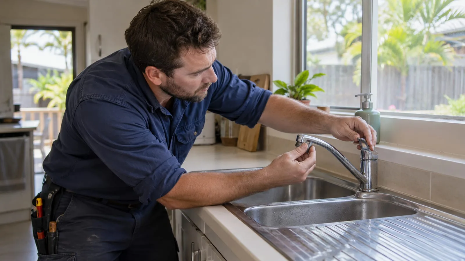 AI-generated illustration: worn tap being checked above an everyday kitchen sink